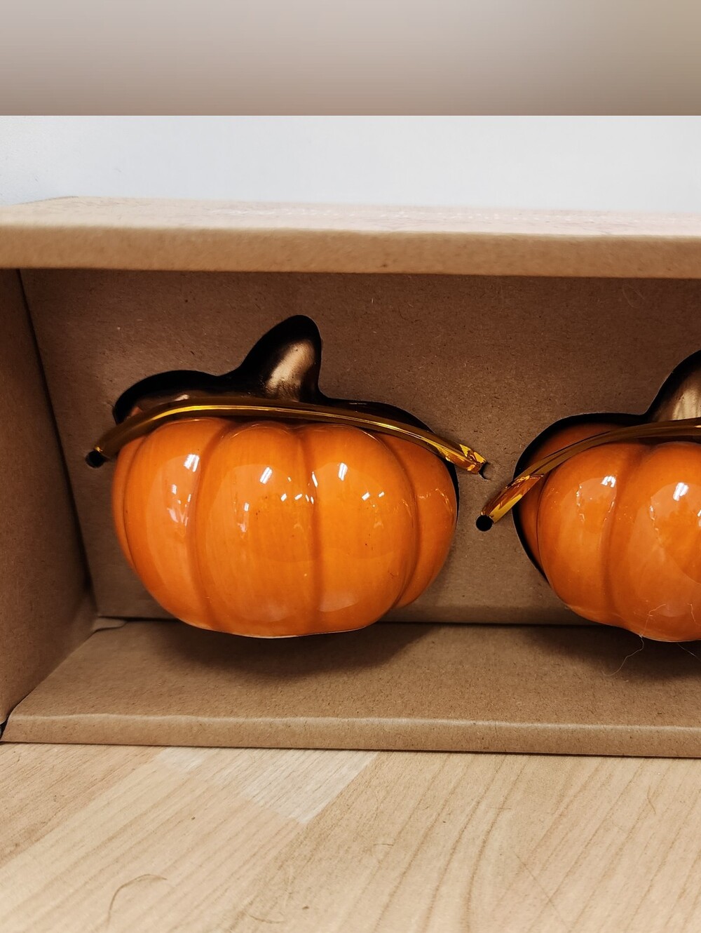 Festive Orange Ceramic Pumpkin Salt & Pepper Shakers with Metallic Gold Stem